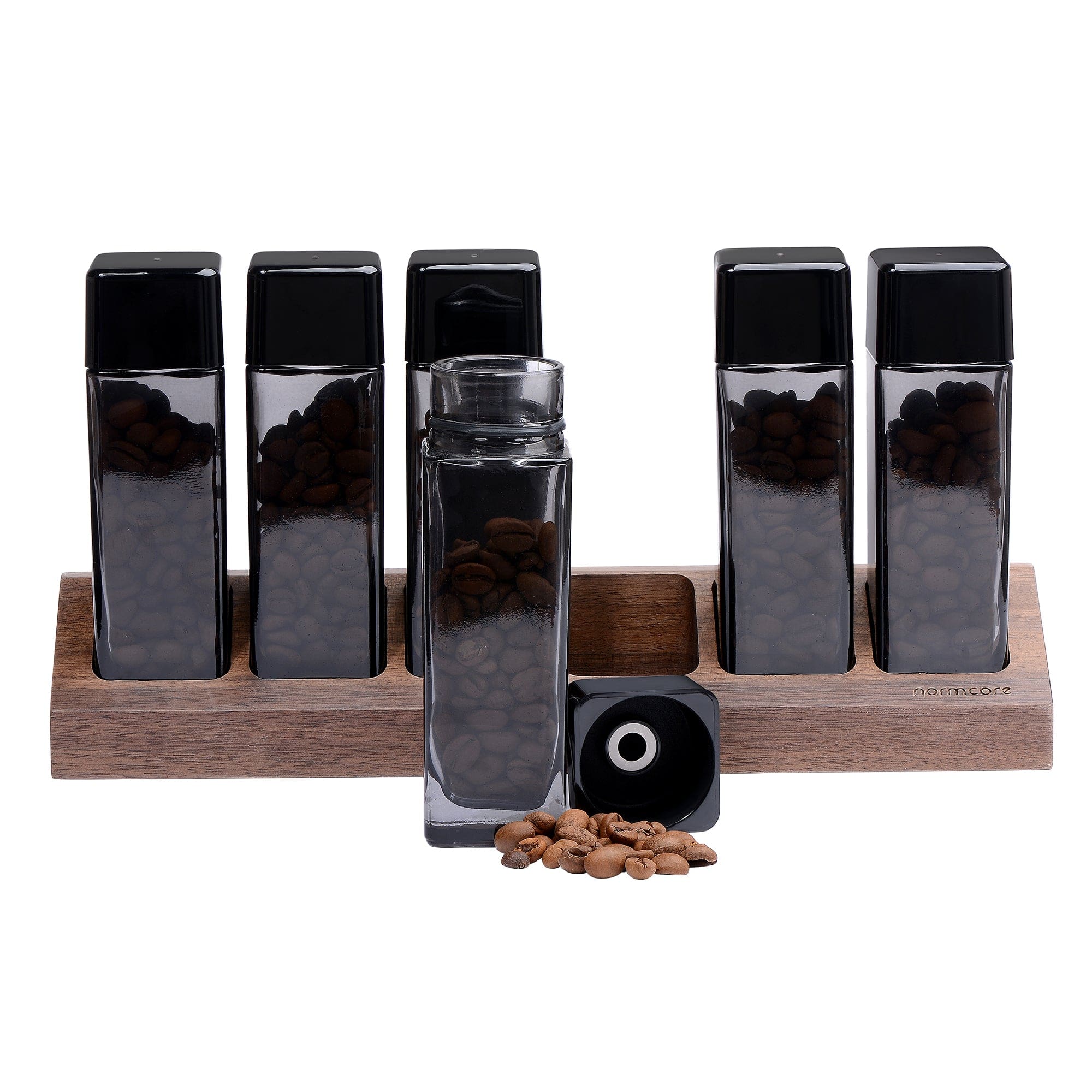 Normcore / 6 GLASS TUBES COFFEE BEAN CELLARS WITH WALNUT STAND - Image 10