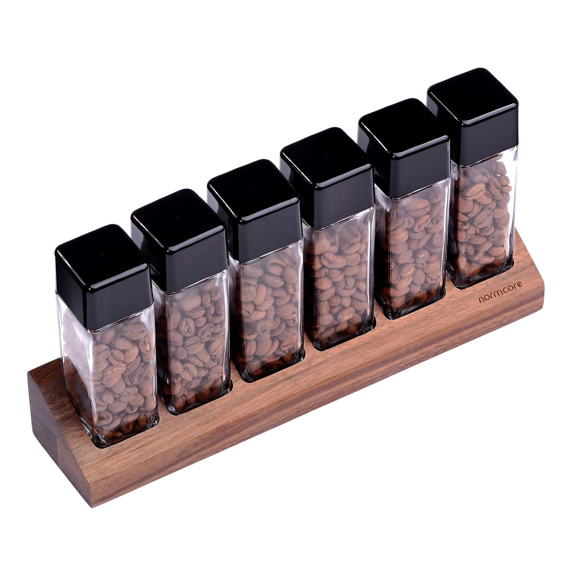 Normcore / 6 GLASS TUBES COFFEE BEAN CELLARS WITH WALNUT STAND - Image 4