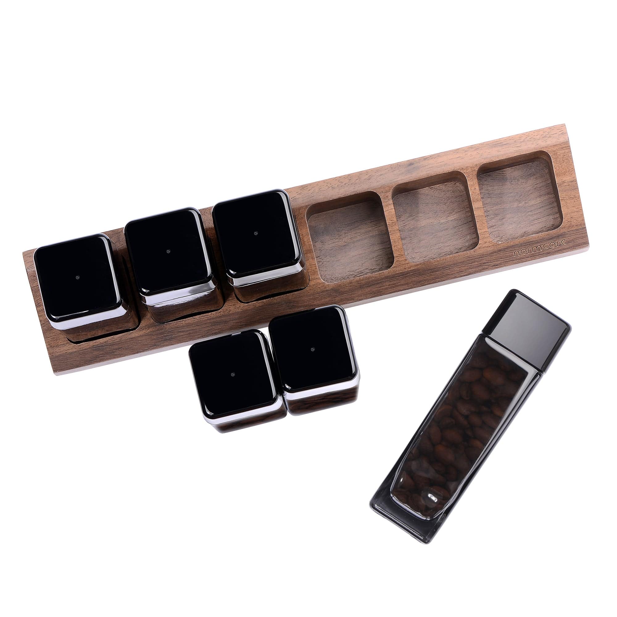 Normcore / 6 GLASS TUBES COFFEE BEAN CELLARS WITH WALNUT STAND - Image 8