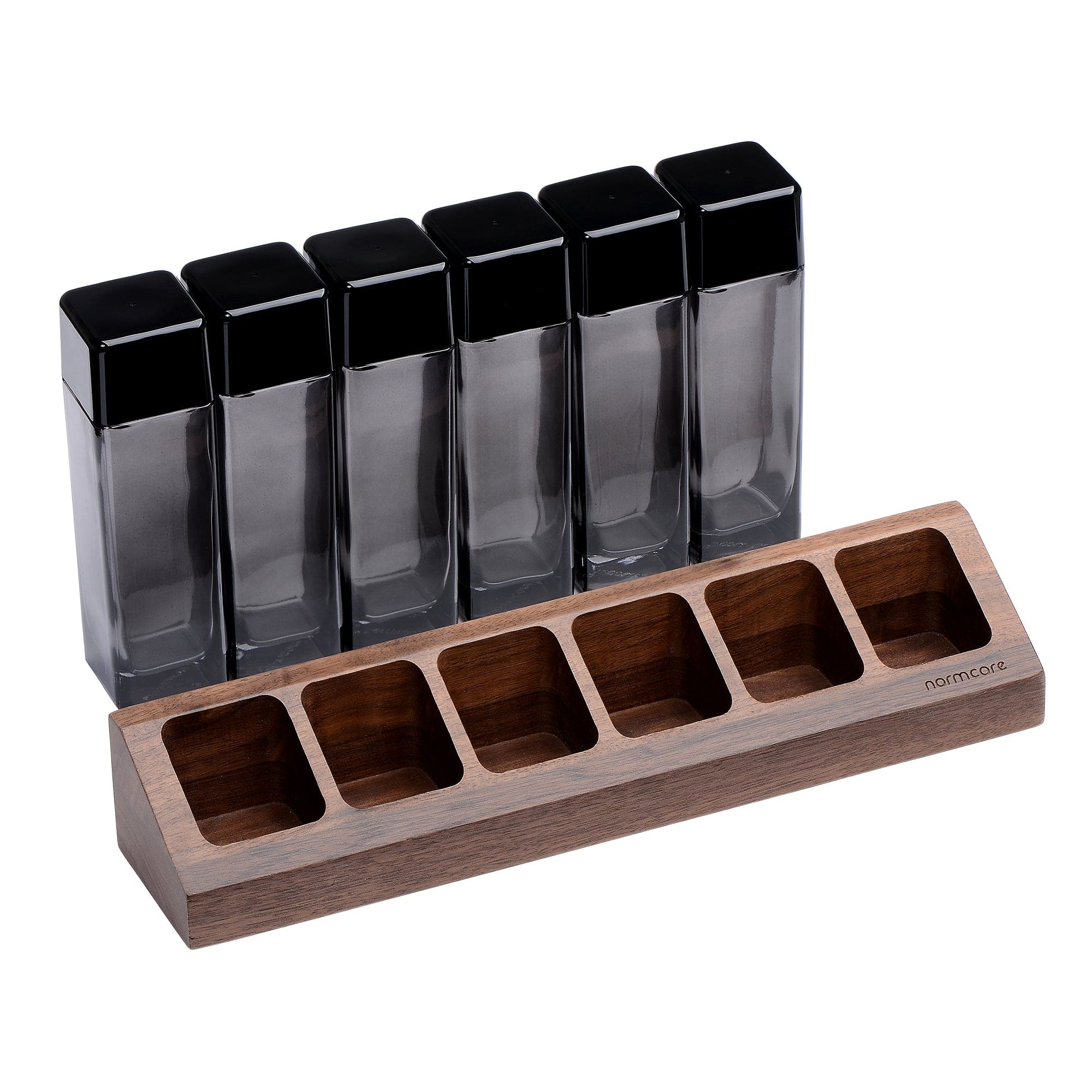 Normcore / 6 GLASS TUBES COFFEE BEAN CELLARS WITH WALNUT STAND - Image 9